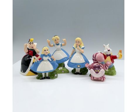 Hand painted porcelain figurines of famous characters as Queen of Hearts, a set of three Alice in Wonderland in her blue dres