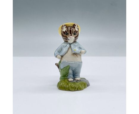 Glossy porcelain. Features a cat with a hat standing over a patch of grass. Beswick Beatrix Potter backstamp. This item has i