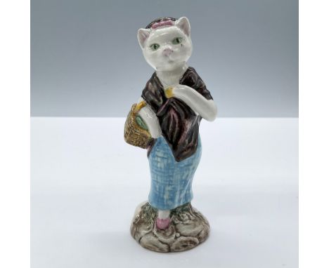 Glossy porcelain. Features an elegant cat lady in a blue skirt and pink-brown shawl and hat. Beswick Beatrix Potter backstamp