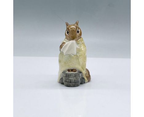Glossy porcelain. Features a squirrel wrapped in a blanket soaking its feet in a bucket. Beswick Beatrix Potter backstamp. Th