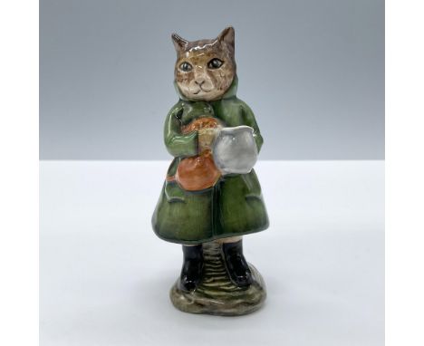 Glossy porcelain. The character is modeled in a deep green coat dress and orange purse. Beswick Beatrix Potter backstamp. Iss