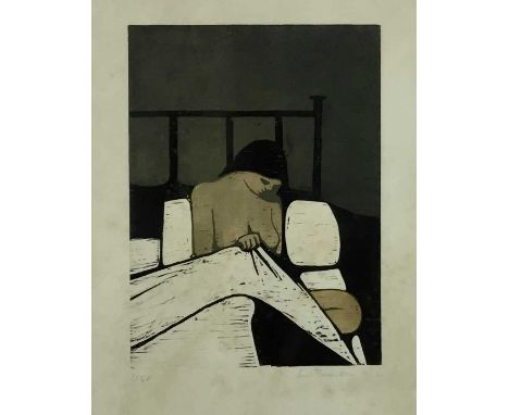 Lewis Bassingthwaighte (1928-1983) print - woman in bed, signed and dated '66, 35cm x 50cm in glazed frame