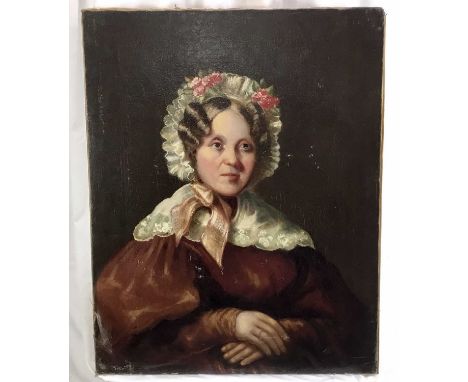 English School, 19th century, oil on canvas - portrait of a lady in red dress and bonnet, 77cm x 61cm, unframed