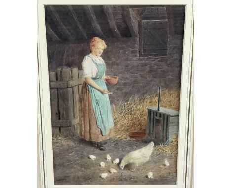 Victorian English School watercolour - Feeding The Chickens, indistinctly signed, 25cm x 17cm, in glazed gilt frame