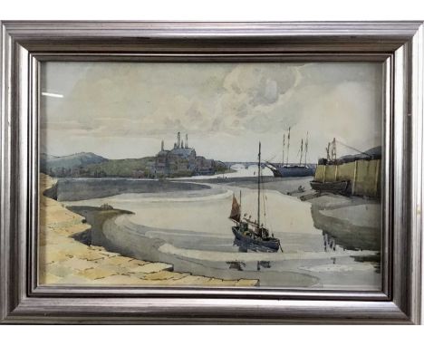 English School, mid 20th century, ink and watercolour - Harbour view, dated 1946 to frame, 21.5cm x 32.5cm, in glazed frame