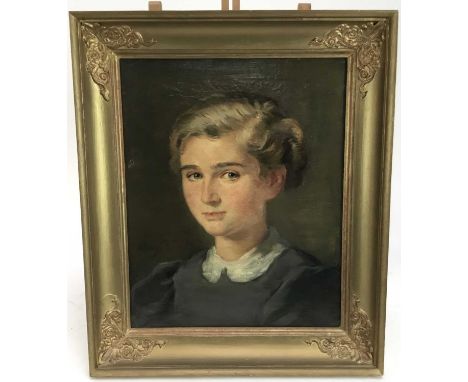 Late 19th / early 20th century oil on canvas portrait of a young girl, indistinctly inscribed, 47cm x 37cm, in gilt frame
