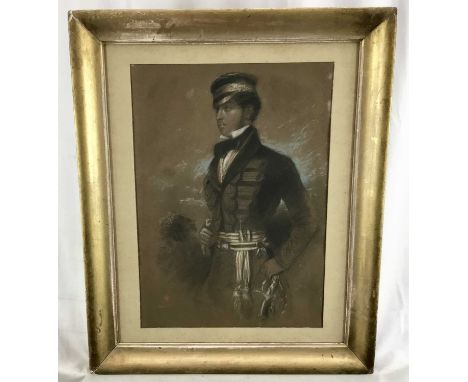 Victorian English School pastel portrait of a young officer, c.1860, indistinctly signed, 43cm x 30cm, in gilt frames