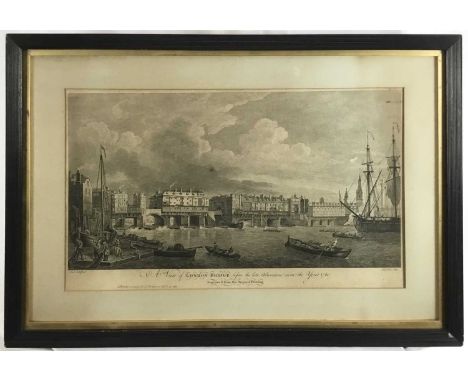 Two engravings of Westminster and London Bridge, dated 1761, image 29 x 54cm, glazed frames, together with a print of Charing
