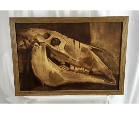 Modern British mixed media - horse skull, 70cm x 48cm, framed