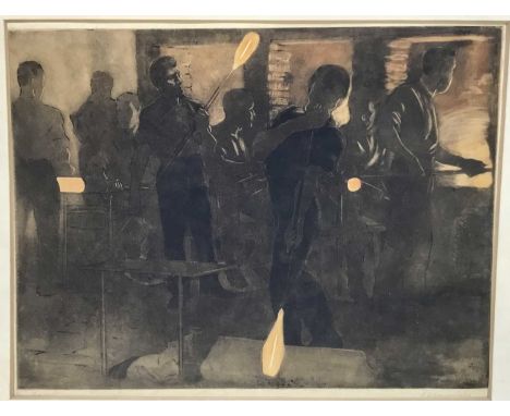 Edward Louis Laurenson etching - glass blowers, 30cm x 23cm in mount