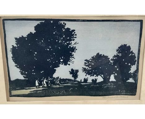 Hesketh Hubbard (1892-1957) woodcut print, Ramblers, signed, image 14 x 23cm, glazed frame