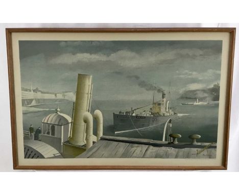 Felix Kelly (1914-1994), School print, drifter and paddle steamer, published 1946, image 41 x 68cm framed
