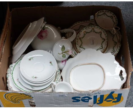 A Meissen Porcelain Part Tea Service, painted with roses, underglazed blue cross swords mark, with teapot, Hammersley China d