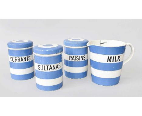T G Green Cornish Ware, three blue banded cylindrical storage jars "Currants", "Sultanas" and Raisins" and covers, and a "Mil