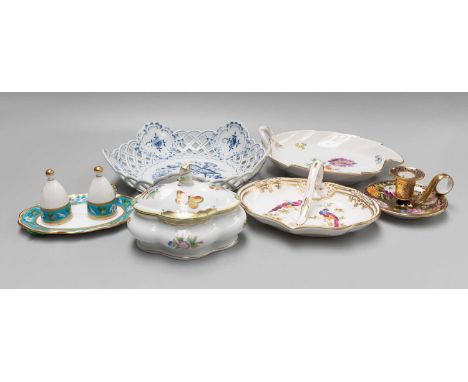 20th Century Decorative Porcelain, comprising a Herend butterfly and flower painted box and cover, a Spode 'Chelsea Bird' han