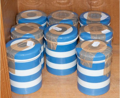 T G Green Cornish Ware, eight blue banded storage jars, of cylindrical formProvenance: A Private Collection in the Lake Distr