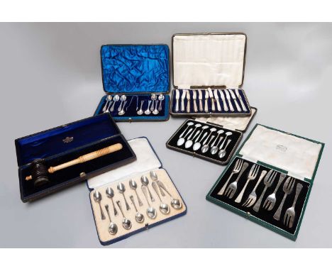A Collection of Assorted Silver Flatware, mostly cases sets, some with enamel; Together With a silver-mounted wood gavel (one