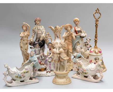 19th Century and Later Ceramics, including Austrian porcelain figures, Capodimonte hand bell, Victorian ironstone tureens, bl