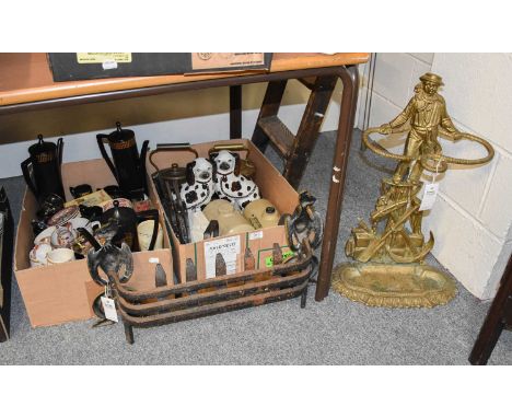 A Collective Lot of Various China, brass wares, ceramics, Portmerion coffee sets, figural brass umbrella stand 62cm high and 