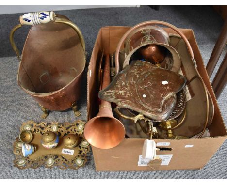 Various 19th Century and Later Metalwares, including copper coal scuttle, jardiniere, Art Nouveau tray, log trug, hunting hor