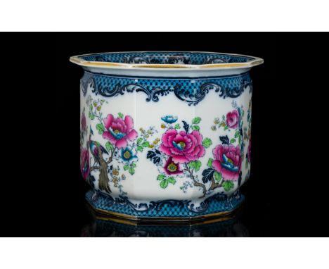 Losol Ware Burslem Chinoiserie Pattern Jardiniere Decagon form planter with transfer printed oriental blossom design in pink,