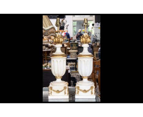 A Pair Of Neoclassical Style Lamp Bases cream and gilt finish of urn form with acanthus terminals, height 23 inches. Together