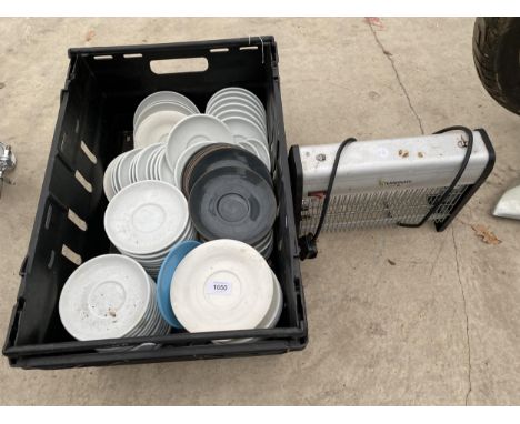 AN ASSORTMENTY OF CERAMIC PLATES AND SAUCERS AND A INSECT ZAPPER 