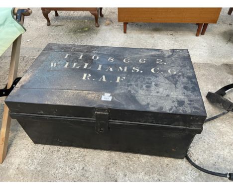 A VINTAGE TIN TRAVEL TRUNK MARKED RAF 