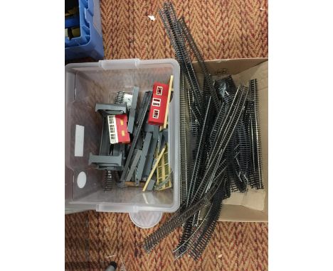 A LARGE QUANTITY OF OO GAUGE TRACK TO ALSO INCLUDE A MODEL STATION AND PLATFORM AND ACCESSORIES 