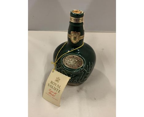 A ROYAL SALUTE SCOTCH WHISKY DECANTER (HOLE IN CORK AND ONLY PART FULL) 