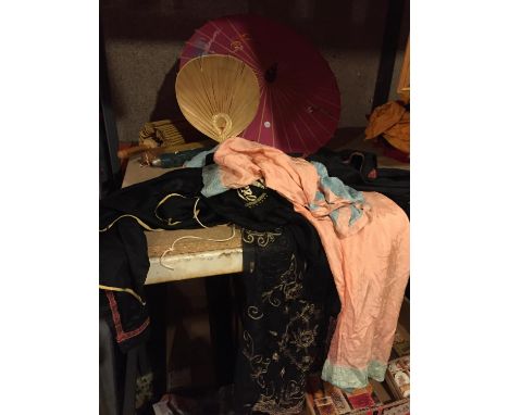 A COLLECTIO OF VINTAGE CLOTHING AND ACCESORIES TO INCLUDE, PARASOLS, ASIAN INSPIRED GARMENTS, ETC 