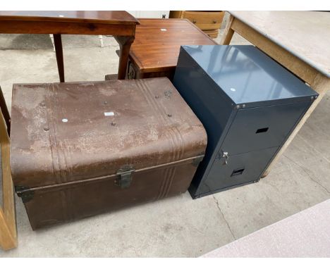 A TIN TRUNK AND METAL TWO DRAWER FILING CABINET 