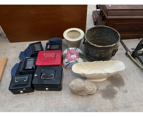 AN ASSORTMENT OF ITEMS TO INCLUDE A BRASS PLANTER, CERAMIC PLANTERS, CASH TINS AND PAPER WEIGHTS ETC 
