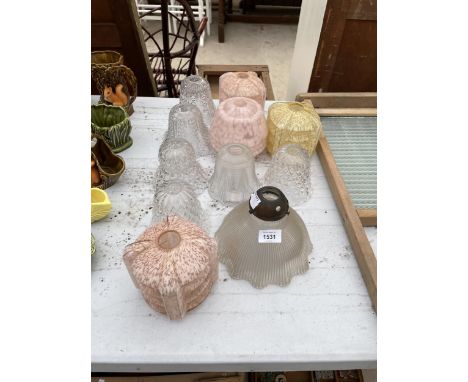 AN ASSORTMENT OF GLASS LIGHT SHADES TO INCLUDE SOME COLOURED GLASS EXAMPLES ETC 