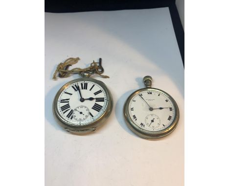 TWO VINTAGE WHITE METAL POCKET WATCHES TO INCLUDE A STANDARD USA AND A KEY WIND EXAMPLE 