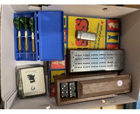 A DOMINO SET, CRIBBAGE BOARD, DARTS, CHESS SET, ETC 