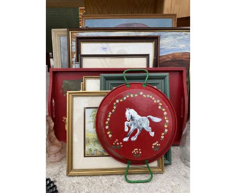 A LARGE ASSORTMENT OF FRAMED PRINTS AND PICTURES TO ALSO INCLUDE A PAINTED TRAY AND PAN ETC 