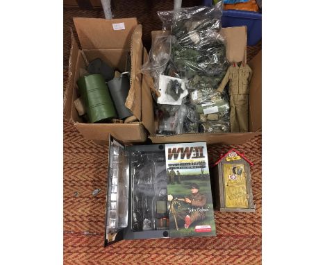 A QUANTITY OF MILITARY MODEL FIGURE ACCESSORIES - GUNS , CLOTHING ETC 