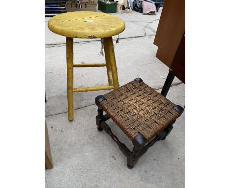 A PAINTED STOOL AND SMALLS TOOL WITH WOVEN TOP 