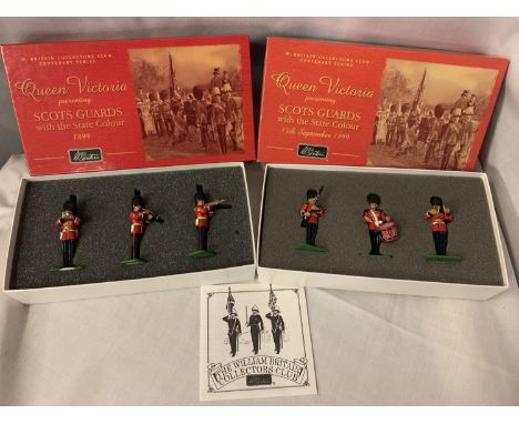 TWO BOXED BRITAINS SCOTS GUARDS WITH THE STATE COLOUR THREE PIECE MODEL SOLDIER SETS - NUMBER 40201 AND 00291 