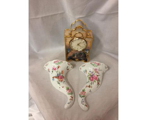 A PAIR OF ROYAL WORCESTER WALL POCKETS PLUS A BRADFORD EXCHANGE PAINTED MANTLES CLOCK-SEEN WORKING BUT NO WARRANTY 