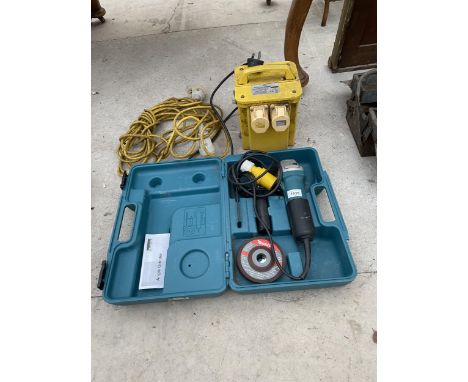 A CASED MAKITA ANGLE GRINDER WITH 110V PLUG AND SPARE CUTTING DISCS TO ALSO INCLUDE A 110V TRANSFORMER BOTH ITEMS BELIEVED IN