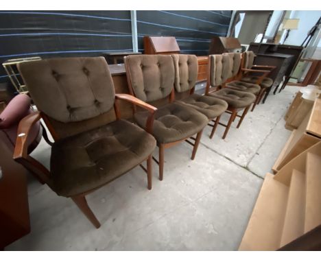 A SET OF SIX MACINTOSH TEAK DINING CHAIRS WITH BUTTON BACK AND SEATS, TWO BEING CARVER 