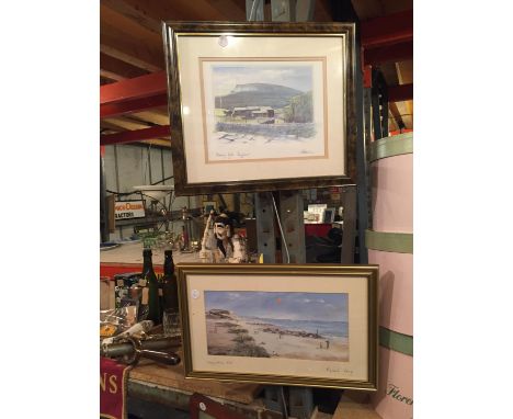 TWO FRAMED SIGNED PICTURES, ONE 'EVENING LIGHT' PENYGHENT, INDISTINCT SIGNATURE, THE OTHER A BEACH SCENE SIGNED RACHEL LONG 