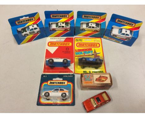 EIGHT BOXED AND MATCHBOX VEHICLES - ALL MODEL NUMBER 8 OF VARIOUS ERAS AND COLOURS - INCLUDING ROVER 3500, VAUXHALL ASTRA ETC