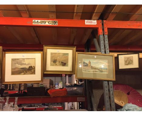 FOUR FRAMED PICTURES, THREE OF WHICH ARE GILDED, TO INCLUDE TWO SEASCAPE SCENES, A COUNTRY SCENE AND A LADY WITH CHILDREN 