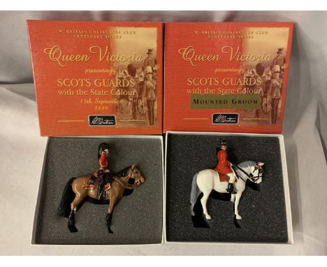 TWO BOXED BRITAINS SCOTS GUARDS INDIVIDUAL HORSE MOUNTED MODEL SOLDIERS - NUMBERS 5993 AND 40205 - FROM THE QUEEN VICTORIA PR