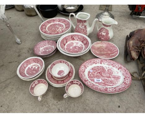 AN ASSORTMENT OF RED AND WHITE CERAMIC WARE TO INCLUDE ADAMS AND WOOPS WARE PLATES, BOWLS AND JUGS ETC 
