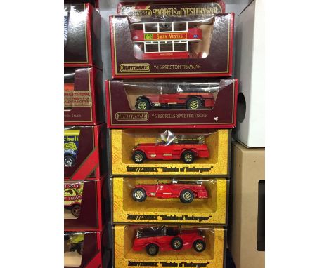 FIVE BOXED MATCHBOX MODELS OF YESTERYEAR MODEL VEHICLES - FOUR FIRE ENGINES AND A TRAM 