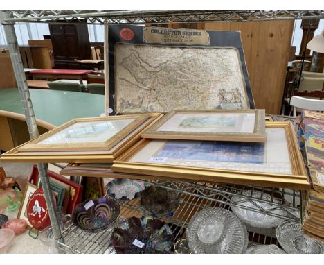AN ASSORTMENT OF FRAMED PRINTS AND PICTURES TO INCLUDE EARLY REPRODUCTION MAP OF CHESHIRE ETC 